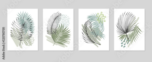 Tropical leaves Abstract Hand Painted Illustrations for Wall Decoration, Postcard, Social Media Banner, Brochure Cover Design Background. Modern Abstract Painting Artwork. Vector Pattern