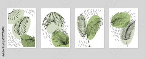 Tropical leaves Abstract Hand Painted Illustrations for Wall Decoration, Postcard, Social Media Banner, Brochure Cover Design Background. Modern Abstract Painting Artwork. Vector Pattern