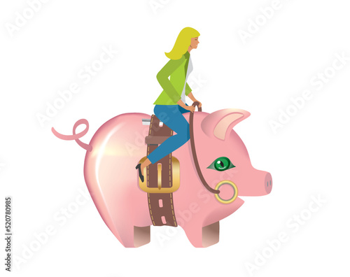 Woman riding on pink piggy bank with belt. Isolated on white background. Vector illustration.