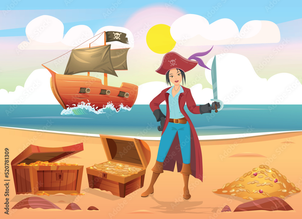 © sonar512 - Young woman in pirate costume holding sword standing near open treasure chest on beach in front of pirate ship