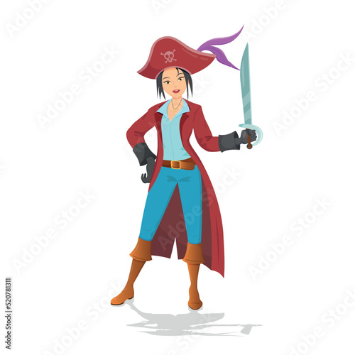 Pirate woman standing holding sword, cartoon vector illustration on white background.
