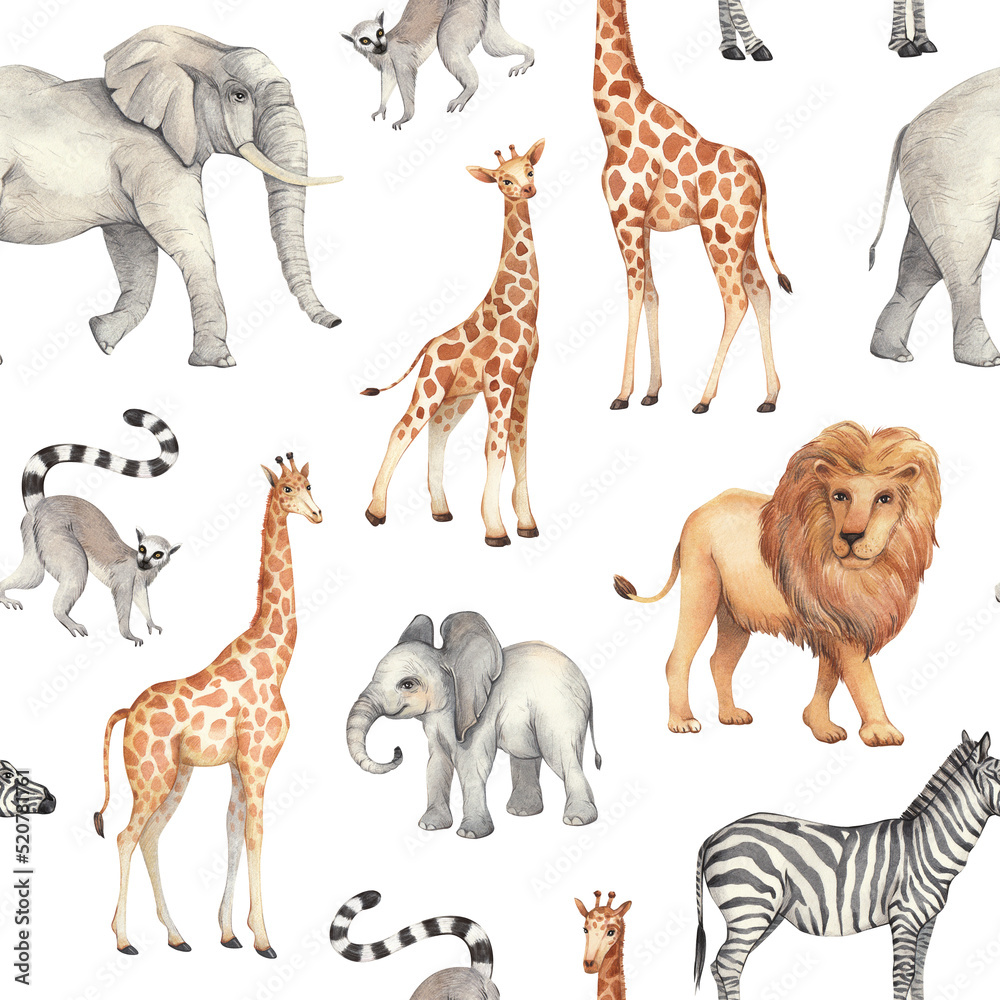Drawing of safari animals. Hand-drawn seamless ornament with animals on a white background. African fauna: lion, zebra, lemur, giraffe Drawing of safari animals. Hand-drawn seamless ornament with animals on a white background. African fauna: lion, zebra, lemur, giraffe