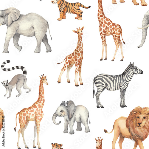 Drawing of safari animals. Hand-drawn seamless ornament with animals on a white background. African fauna: lion, zebra, lemur, tiger, giraffe