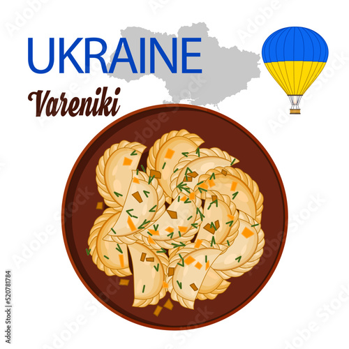 National Ukrainian food, dumplings. Stuffed dough. Decoration for the menu. Vector image.