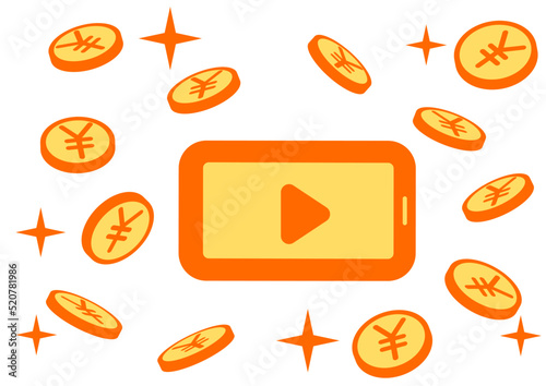 動画を再生しているスマートフォンとお金のイラスト