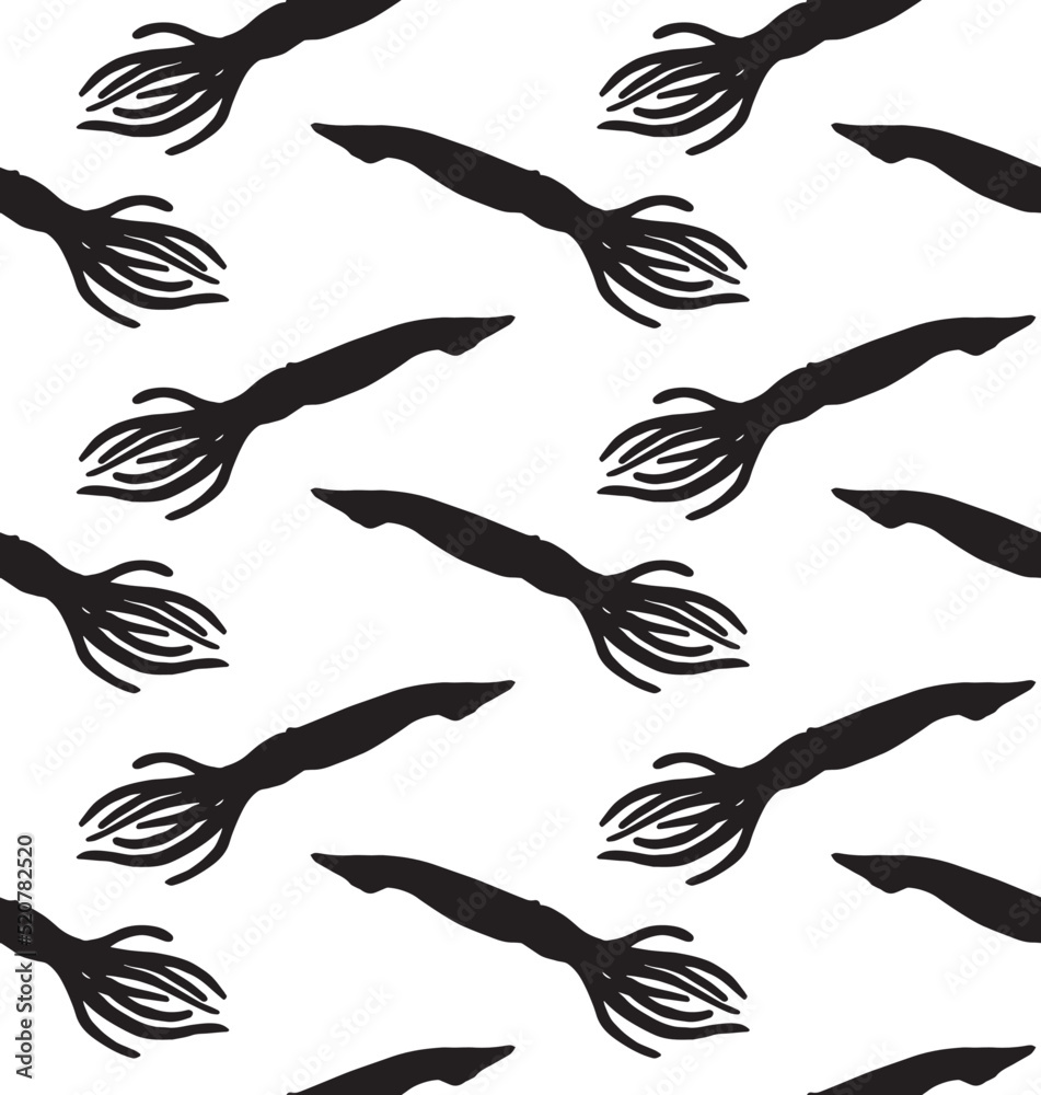 Vector seamless pattern of hand drawn squid silhouette isolated on white background