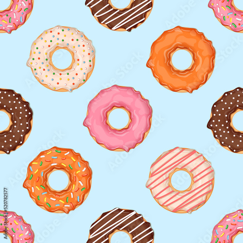 Seamless pattern with donuts of different flavors and toppings. Vector illustration for fabrics, textures, wallpapers, posters, cards. Editable elements.