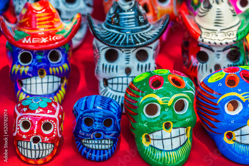 Colorful skulls for day of the dead celebration, Cancun, Mexico