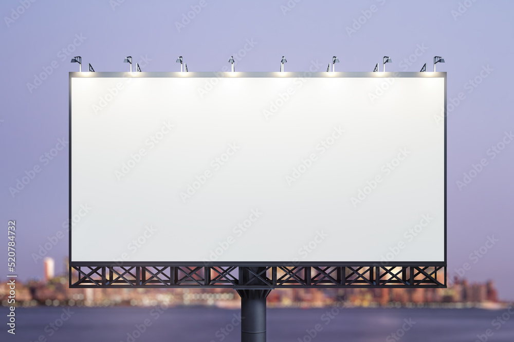 Blank white billboard on cityscape background at evening, front view. Mock up, advertising concept Blank white billboard on cityscape background at evening, front view. Mock up, advertising concept