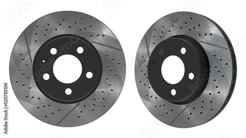 Car brake disc with black heat isolated on white background. Auto spare parts. Perforated brake disc rotor isolated on white. Braking ventilated discs. 