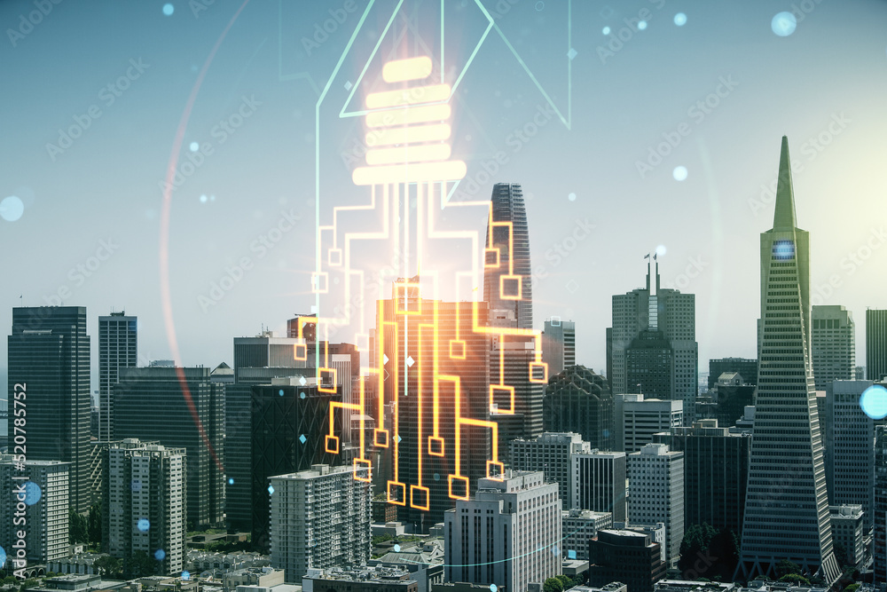 Virtual creative idea concept with light bulb and microcircuit illustration on San Francisco skyline background. Neural networks and machine learning concept. Multiexposure