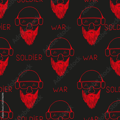 Seamless background of soldiers in a helmet, bespectacled, with a beard and with the inscription soldier and war. Military concept.
