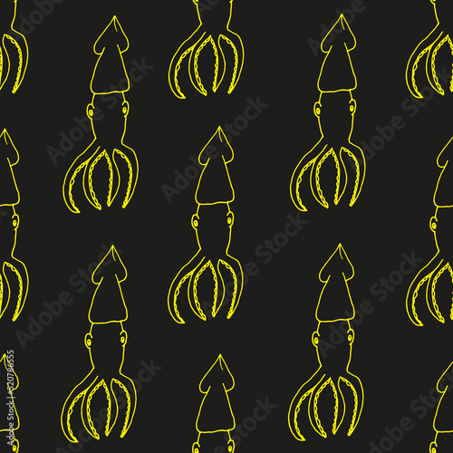 Seamless pattern with Squid drawn yellow marker on black paper. The background is a Kalmar.