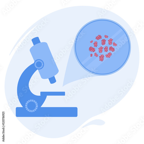 Staphylococcus bacteria under the microscope. Medical research of microbes. Biochemistry and analysis concept. Vector illustration.