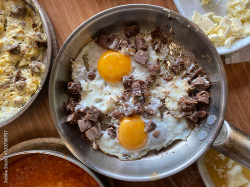 Turkish Style Fried Sunny Side Up Eggs with Meat Kavurma.