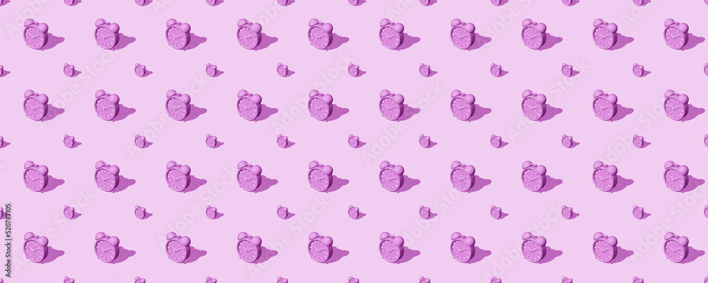 Banner of purple alarm clocks big and small with shadow on purple background. Set. Seamless texture pattern. 3D illustration. Long shadow from the summer sunshine. Banner of purple alarm clocks big and small with shadow on purple background. Set. Seamless texture pattern. 3D illustration. Long shadow from the summer sunshine.