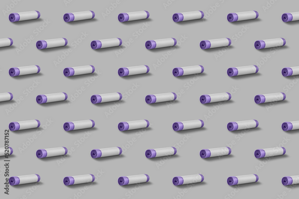 Horizontal seamless pattern. Rolls of purple garbage bags isolated on gray background. On the roll white copy space.