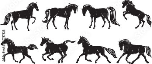 running horse silhouette set on white background isolated, vector