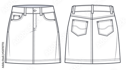 Mini Skirt technical fashion illustration. Classic Denim Skirt fashion flat sketch template, knee mini lengths silhouette, front and back pockets, front, back view, white, CAD mockup.