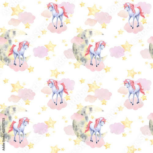 Children s watercolor seamless pattern with unicorn  moon and stars on a white background.