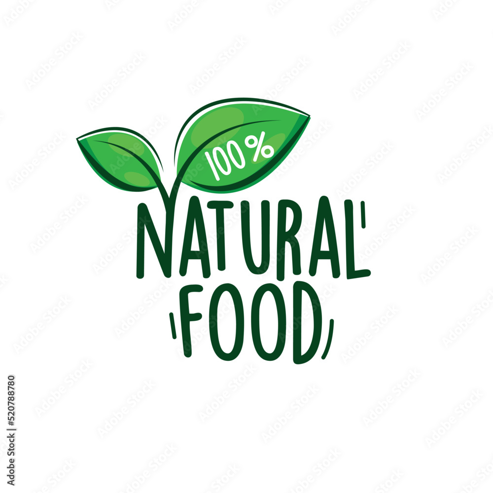 100% Natural Food, Bio Product logo with green leaves design element. Oranic food badge, label 100% Natural Food, Bio Product logo with green leaves design element. Oranic food badge, label