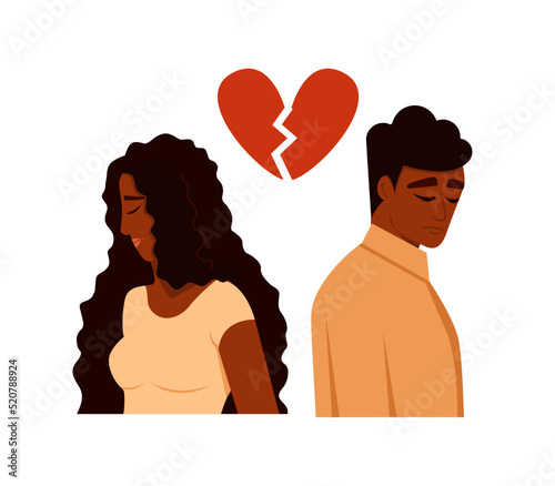 Black Man and woman in a quarrel. Conflicts between husband and wife. Depression and anxiety. Vector cartoon characters illustration.