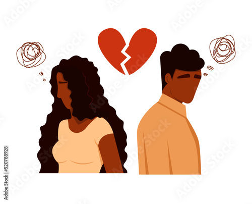 Concept of divorce, misunderstanding in family. Black Man and Woman in a quarrel. Conflicts between husband and wife. Depression and anxiety. Vector cartoon characters illustration.