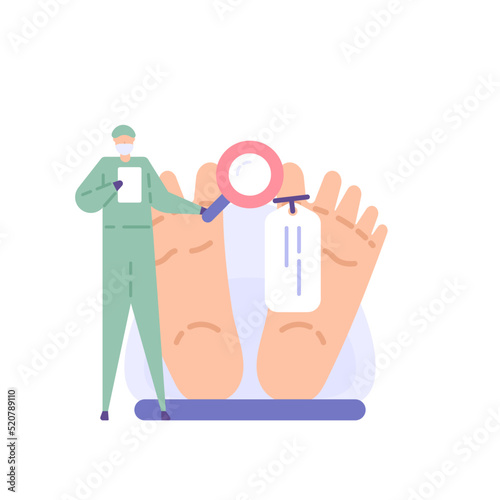 forensic team or investigator. a hospital official performs an autopsy or examines a body from a corpse. investigation or analysis. flat cartoon illustration. concept design