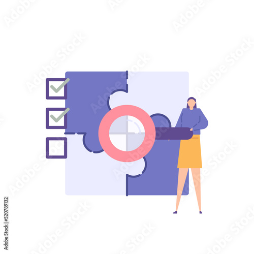 the concept of problem identification and analysis. people use a magnifying glass to research and investigate a problem. case study. flat cartoon character illustration. vector concept design