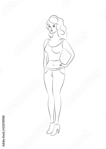A standing woman in the style of line art. Beautiful girl in full height
