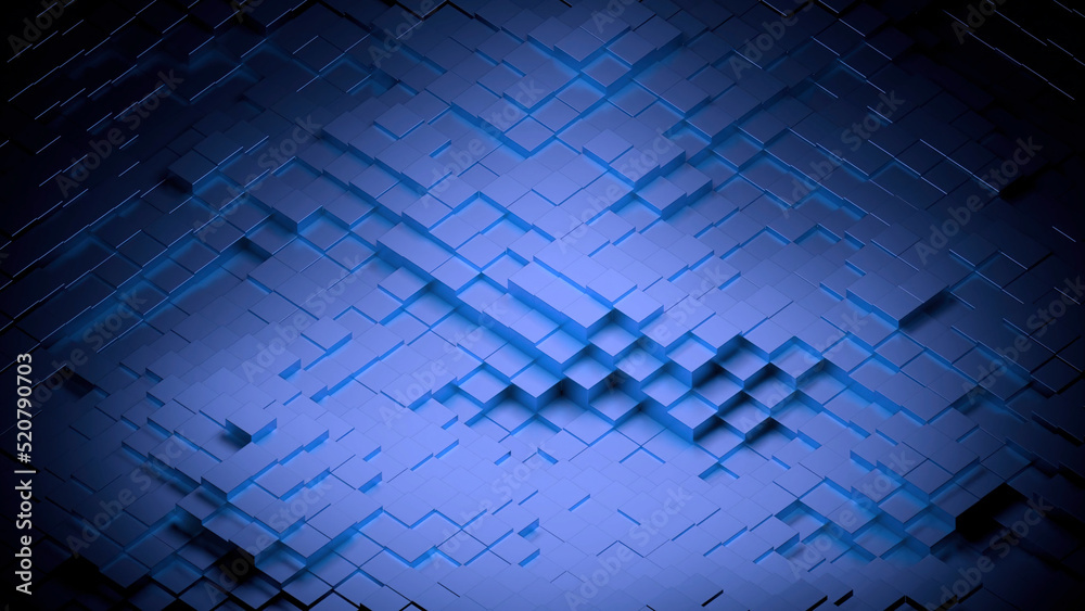 Blue little squares.Design. Small geometric shapes of blue color in 3d rise and fall back on the background.
