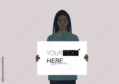 A young female African character holding a poster, your text here concept