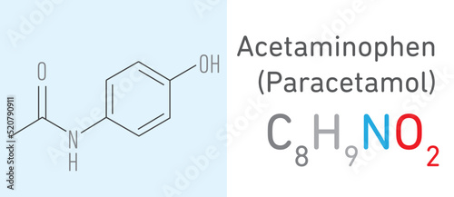 Acetaminophen (Paracetamol) C8H9NO2 molecule. Stick model. Structural Chemical Formula. Chemistry Education photo