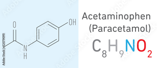 Acetaminophen (Paracetamol) C8H9NO2 molecule. Stick model. Structural Chemical Formula. Chemistry Education