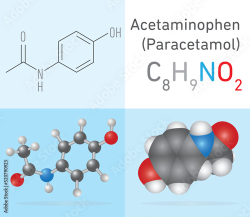 Paracetamol (Acetaminophen) C8H9NO2 molecule. Two different molecule model and chemical formula. Ball, stick and Space filling model. Structural Chemical Formula and Molecule Model. Chemistry Educatio