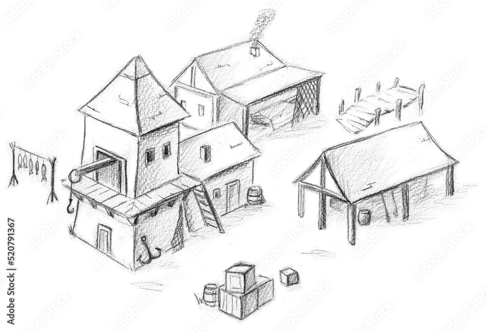 Hand pencil drawn harbour town. Fantasy map creator.