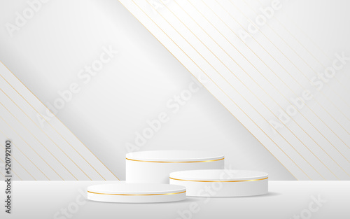 White podium with elegant gold lines on the back for product presentation. Cosmetic product display. vector illustration	