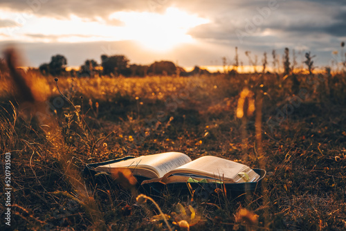 Valokuva Open bible on the field at sunset