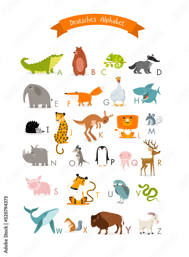 Fototapeta premium Print. German alphabet with cute animals. Poster for teaching letters to children. Letters. Preschool education. Poster for a children's room.
