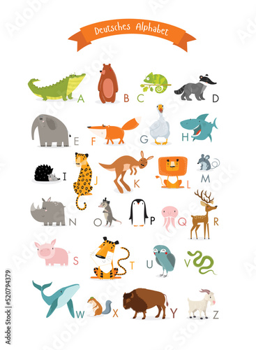 Print. German alphabet with cute animals. Vector poster for teaching letters to children. Letters. Preschool education. Poster for a children's room. © olga