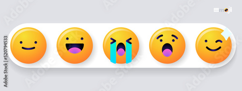 Round emoticons set. Yellow Emoji faces emoticon smile, digital smiley expression emotion feelings, chat cartoon emotes. Vector illustration icons