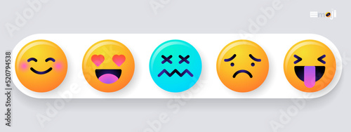 Round emoticons set. Yellow Emoji faces emoticon smile, digital smiley expression emotion feelings, chat cartoon emotes. Vector illustration icons