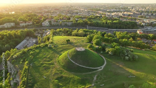 Aerial view of the Krakus Mound at sunset in Krakow, Poland.  photo