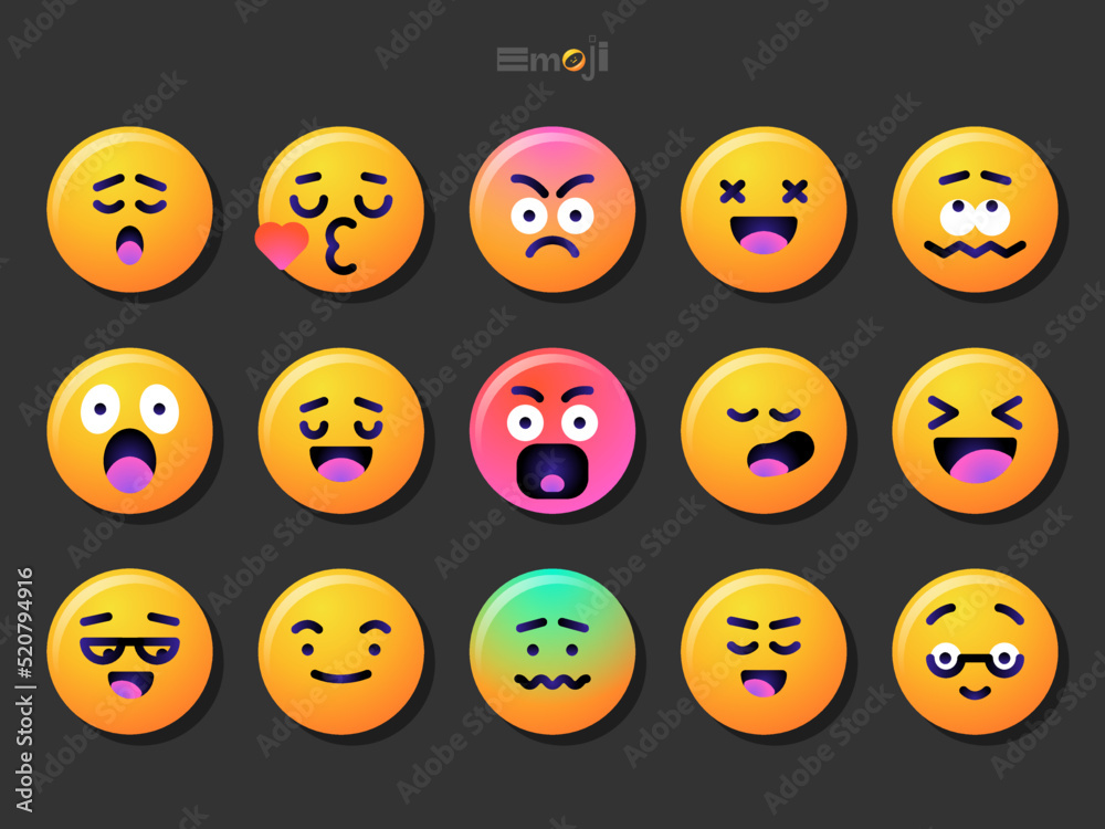 Fototapeta premium Round emoticons set. Yellow Emoji faces emoticon smile, digital smiley expression emotion feelings, chat cartoon emotes. Vector illustration icons