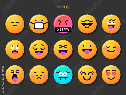 Round emoticons set. Yellow Emoji faces emoticon smile, digital smiley expression emotion feelings, chat cartoon emotes. Vector illustration icons © karnografff