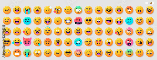 Round emoticons set. Yellow Emoji faces emoticon smile, digital smiley expression emotion feelings, chat cartoon emotes. Vector illustration icons