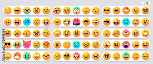 Round emoticons set. Yellow Emoji faces emoticon smile, digital smiley expression emotion feelings, chat cartoon emotes. Vector illustration icons