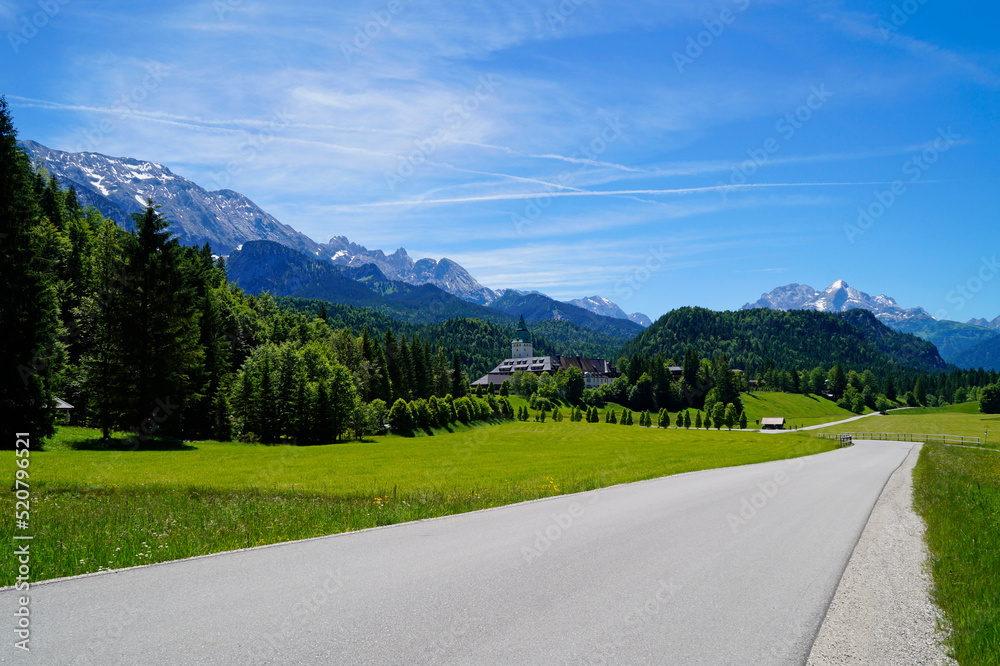 a scenic view of the Elmau Schloss Hotel in the german Alps where G 7 summits take place (Germany)	

