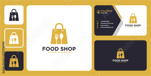 food logo design with bag or shopping and business card