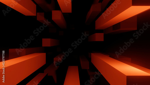 Fototapeta Naklejka Na Ścianę i Meble -  Black background.Design.Bright red rectangles in 3d format fly in a chaotic order in the abstraction forward.